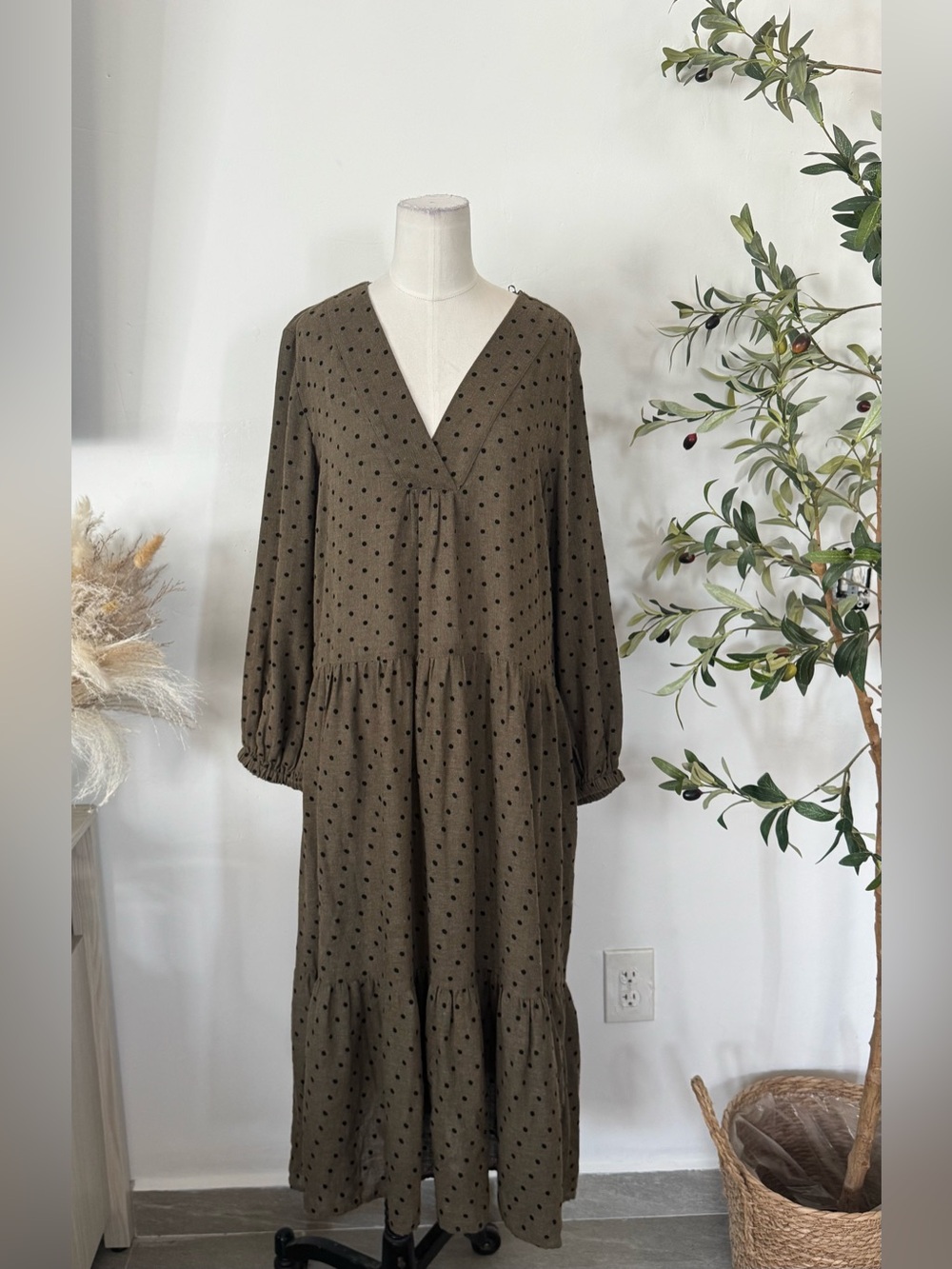 Zara Brown Polka Dot Tiered Maxi Dress Size S Long Sleeve Boho Prairie